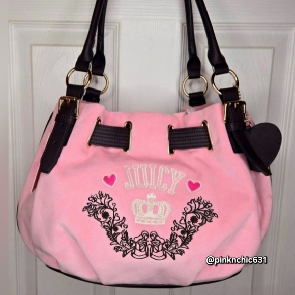 Juicy Couture ~Retro Chic~ Flamingo Chocolate Velour Tote Bag Purse Handbag - Picture 1 of 7